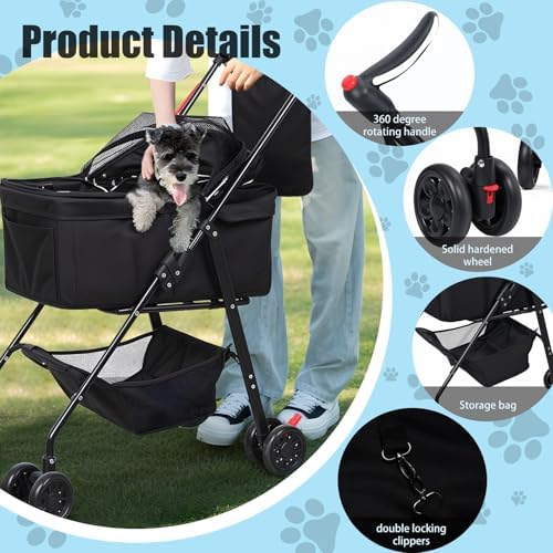 Foldable Pet Stroller with Light Barrier, 3 Wheels Dog Cat Pet Stroller for Small/Medium Dogs Cats, Foldable Portable Compact Jogge Strollers with Storage Basket, Removable Dark Blue