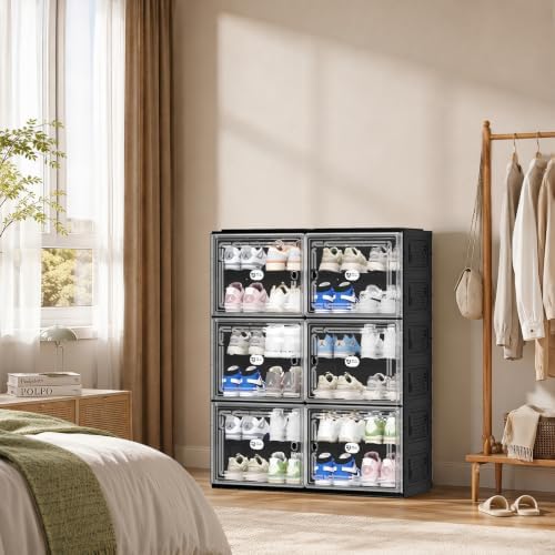 Black Shoe Storage Cabinet for 24 Pairs with Magnetic Clear Doors | Tool-free Assembly, Foldable Shoe Rack, Reinforecd Structure, Anti-Tiping, Furniture for Shoe Organizer, Closet, Garage