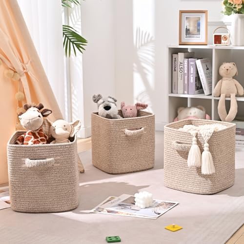 11 Inch Storage Cubes, 3 Pack Cube Storage Bins for Organizing, Cotton Rope Woven Baskets for Shelves, Bathroom, Kids Room, Closets, Baby Nursery