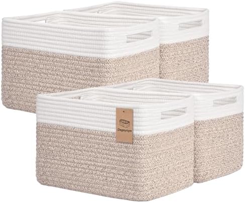 Storage Baskets for Organizing, 4 Pack Baskets for Shelves, Decorative Storage Bins for Shelves, Cotton Rope Storage Basket with Handles, Woven Basket for Storage, 13''Lx8.7''Wx7.9''H, White & Brown
