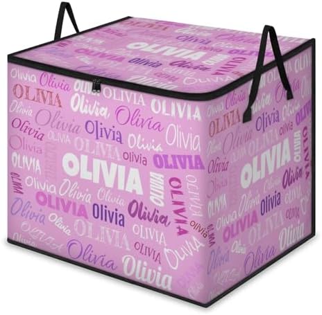 Custom Name Large Clothes Storage Organization with Lids, Kids Toys Bin Shelf Basket, Bedding Clothes Towel Storage Bin for Nursery, Gift Basket, Pet Basket, Light Pink Background