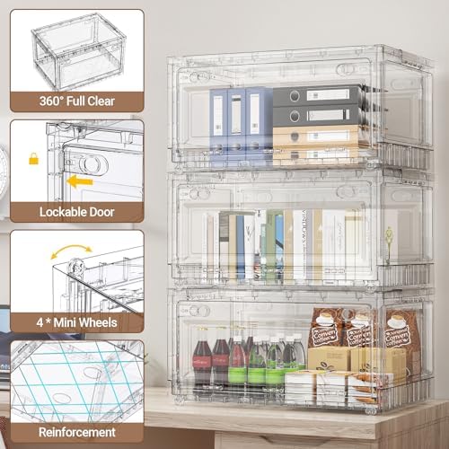 BROVIEW 320Qt Stackable Storage Bins with Lids Wheels, XL Clear Plastic Drawers Foldable Closet Organizers and Storage Cabinet Display Box Shelves with Front & Back Doors, for Home Office Garage,4Pack