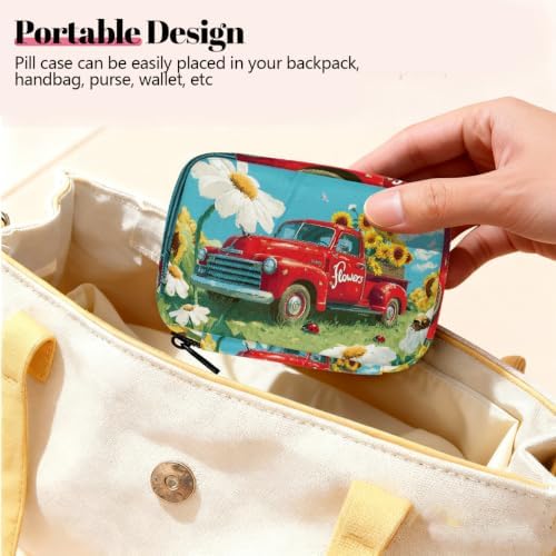 Travel Pill Organizer Vintage Red Truck Flower Small Pill Case
