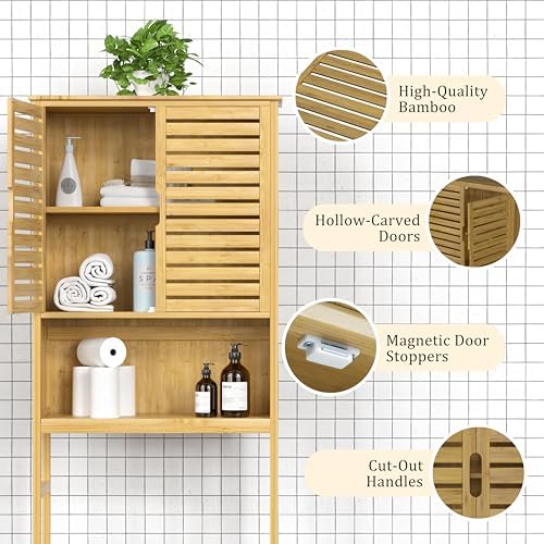 Yardenaler Over-The-Toilet Storage Shelf with Doors, Bathroom Freestanding Bamboo Organizer Space Saver with Adjustable Shelf, Natural