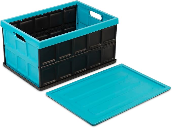 Glad Collapsible Storage Bin with Lid - 48L Foldable Plastic Box for Garage, Car Trunk, and Organization - Stackable Lidded Container with Handles, Turquoise