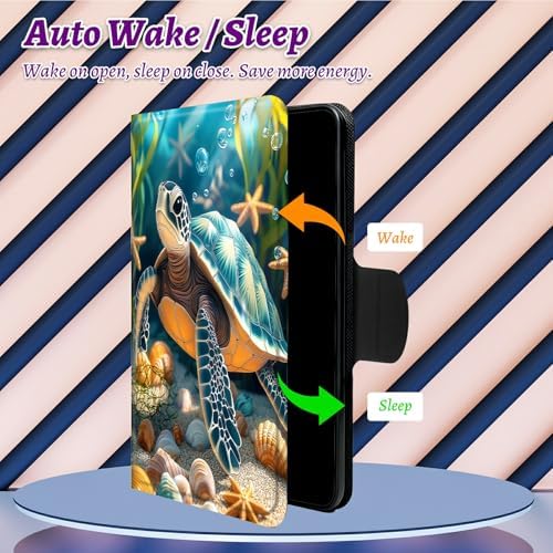 Rotating Handle Case for Samsung Tab S10 Ultra 2024/Galaxy S9 Ultra 2023 14.6", 360 Degree Swivel Kickstand with Magnetic Closure Shockproof Leather Protective Cover, Sea Turtle Seaweed