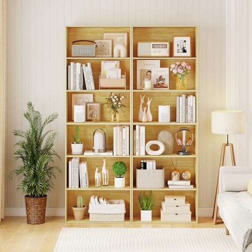 GIANTEX 6-Tier Bookcase Set of 2, 70" Tall Wooden Bookshelf, Freestanding Storage Organizer w/Open Shelves, Anti-Tipping Kits, Modern Floor Standing Display Shelves for Living Room,Burlywood