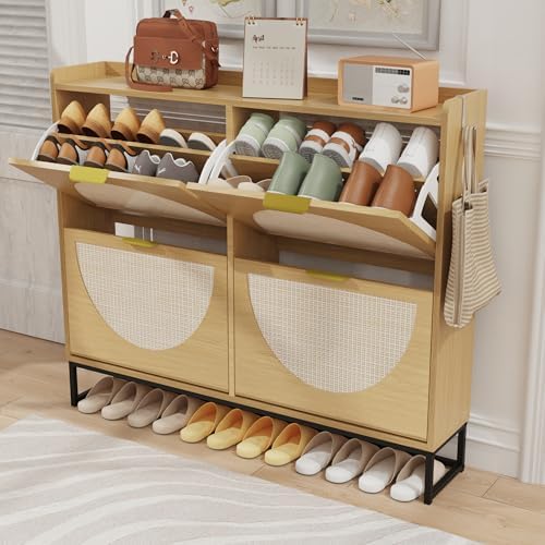 KIGOTY Narrow Shoe Storage Cabinet, Shoe Cabinet with 4 Flip Drawers, Freestanding Shoe Organizer with Legs for Entryway, Slim Shoe Rack Cabinet for Enterway (Rattan Oak, 4 Flip Drawer)