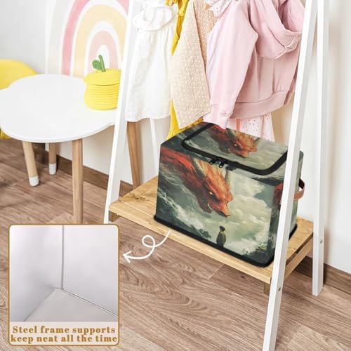 Animal Dragon Storage Bins with Zipper Lid Foldable Fabric Organizer Box with Handles Rectangular Closet Clothes Organizer Containers