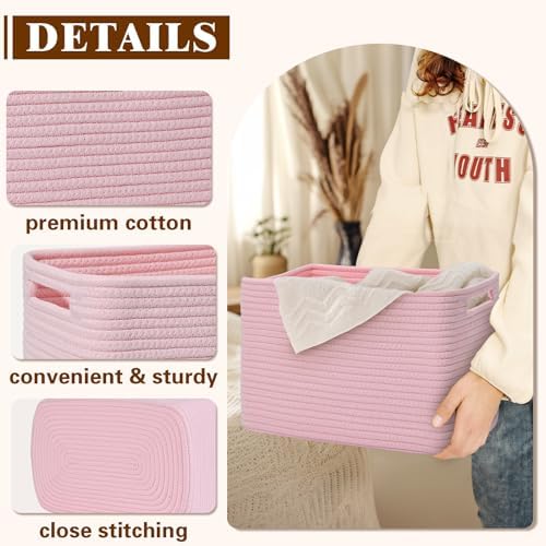 Storage Baskets for Organizing, 4 Pack Baskets for Shelves, Decorative Storage Bins for Shelves, Cotton Rope Storage Basket with Handles, Woven Basket for Storage, 13''Lx8.7''Wx7.9''H, Pink