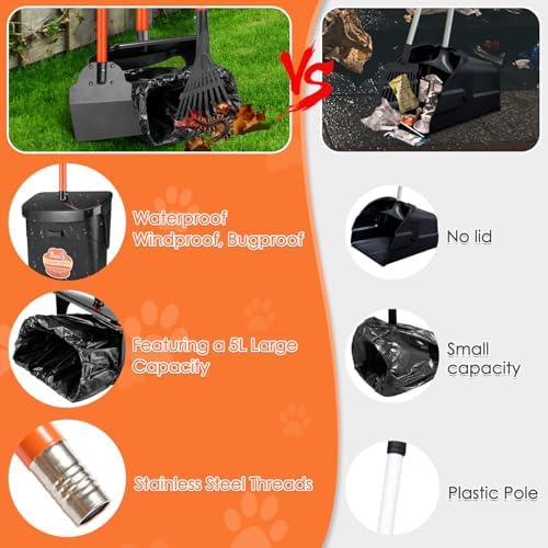 SlowTon Dog Pooper Scooper, 37.4" Long Handle Poop Scoop for Large Dogs | Adjustable, Portable, Non Breakable, with 10 Waste Bags, Swivel Large Bin & Rake & Spade Kit, for Gravel Lawn Grass