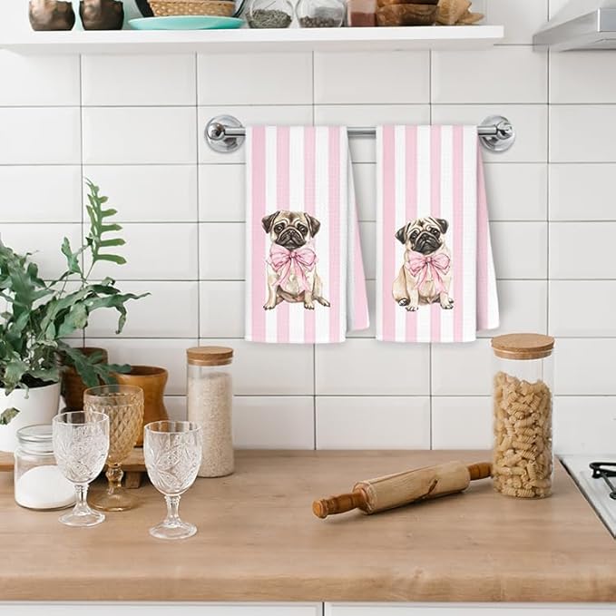 Pink Coquette Pug Kitchen Towels, Pug Lover Gifts Dish Tea Towels for Kitchen Decor, Preppy Girly Dog Pink Striped Decorative Hand Towel Bathroom Decor, 16x24 Inch Set of 2