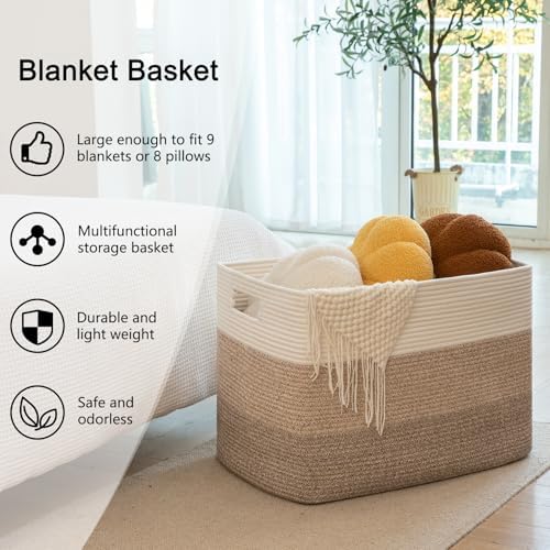 OIAHOMY 118L Extra Large Blanket Basket Cotton Rope Storage Basket Brown | 25" x 17" x 16", Rectangular Baskets Living Room,Used for storing Dirty Clothes, Stuffed Animal Toy Storage for Kids Room