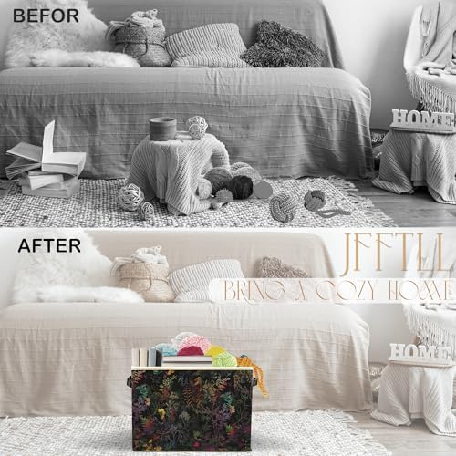 Dark Botanical Floral Storage Bins with Handles, Cottagecore Colorful Wild Flower Leaf Collapsible Laundry Basket Storage Box for Home Bedroom Bathroom Clothes Toys Books