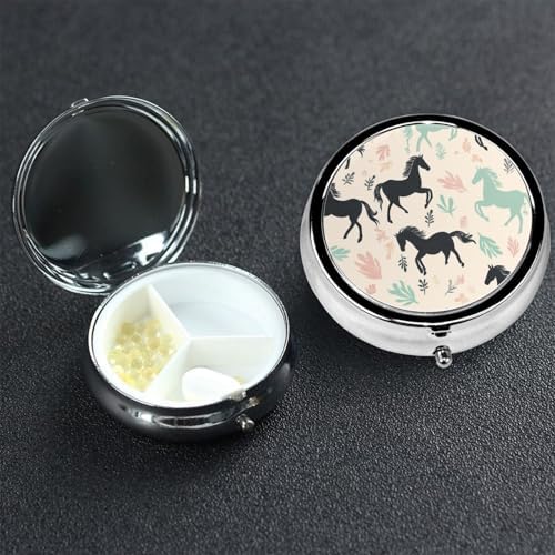 Pill Box 3 Compartment Medicine Pill Case for Pocket or Purse Mini Metal Pillcase Cute Horse Pill Holder Vitamin Organizer Portable Travel Pills Container to Hold Supplements Vitamins
