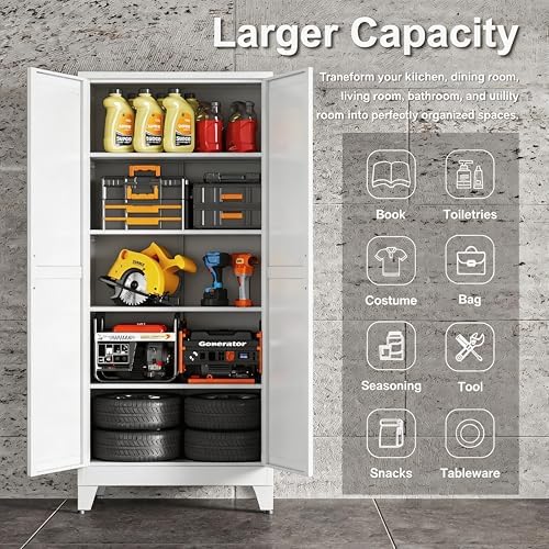 71" H Steel Storage Cabinet,Heavy Duty Tool Storage Cabinet,Metal Garage Storage Cabinets,Broom Closet Storage Cabinet,Utility Cabinet,White Storage Cabinets