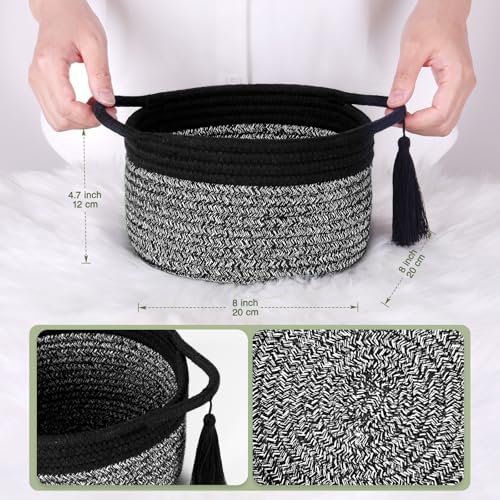 Small Gift Basket Empty to Fill, Gift Bag & Ribbon, Black Gray | Cute Decorative Mini Woven Rope Basket with Handles for Gifting; Reusable for Bathroom Counter or Desk Catchall, 8 x 4.7 in