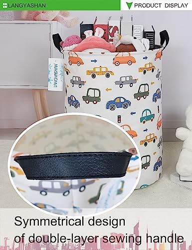 Round Laundry Basket Collapsible Storage Hamper with Car Print | Waterproof Canvas Foldable Baskets with sturdy Handles Multi-scene Organizer for Home Play Bedroom Gift Bin