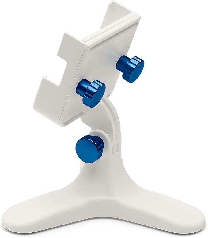 WeatherTech DeskFone Two View in White - Adjustable, Universal Cell Phone Holder Mount Stand for Desk, Counter, Table - Tripod Design for iPhone & Smartphone Charging - Royal Blue Metal Knobs
