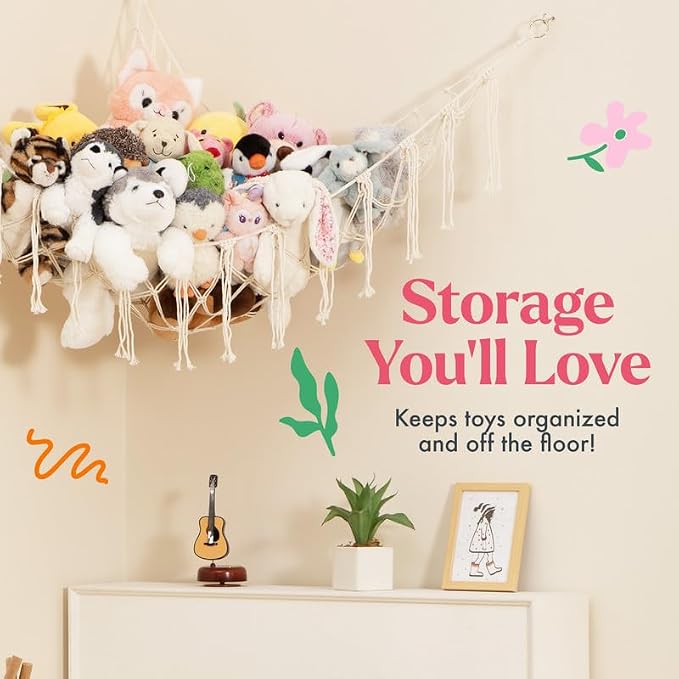 Stuffed Animal Storage Macrame Hammock, Large - Boho Room Decor Toy Storage - Corner Hanging Plushie Stuffed Animal Net Organizer (Pink)