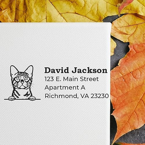 Peeking Bengal Cat Self-Inking Address Stamp - Custom Rubber Stamp | Choice of 11 ink colors. Envelope Stamp with Bengal Cat Design. Personalized Envelope Stamp for Holiday Cards. 4 case colors.