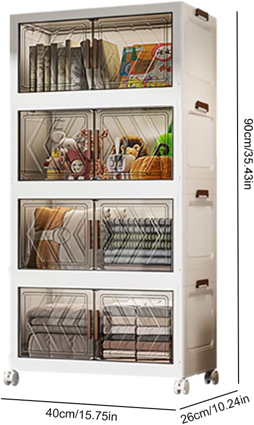 ETOYA 4-Tier Stackable Storage Bins with Lids, 23QT Stackable Closet Organizers and Storage with Wheels and Magnetic Doors, Foldable Plastic Storage Containers for Seasonal Clothes, Toys, Tools