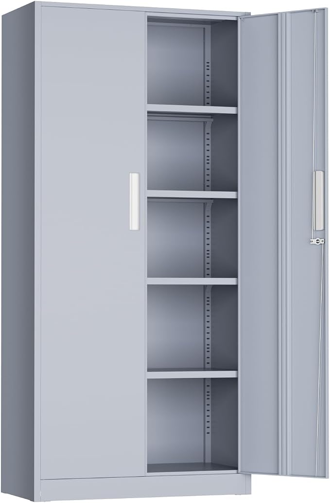 Crownland 72" Metal Storage Cabinet, Lockable Garage Storage Cabinets, High Office Cabinet with Adjustable Shelves for Garage, Home Office, Classroom, Pantry, File(Cement Grey-Narrow Size)