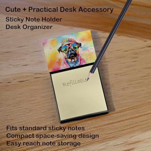 Caroline's Treasures Pug Hippie Dawg Sticky Note Holder Refillable Dispenser Self-Sticky Note Pads, Memo Pads Blank Desk Accessories