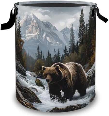 Bear Laundry Basket Hamper, Organizer Bins Gifts for Women Kids, Wilderness Wildlife Foldable Waterproof Clothes Hamper Handles Storage Bucket for Bedroom Bathroom Room Decor 19.7"x15.7"