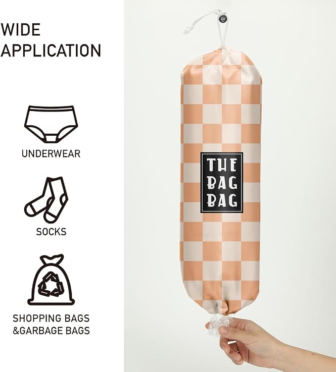 Plastic Bag Holder,Reusable And Washable Grocery Bag organizer,for Home Kitchen Travelling Camping Decor, use 1 Pack, Orange And White Checkerboard Pattern