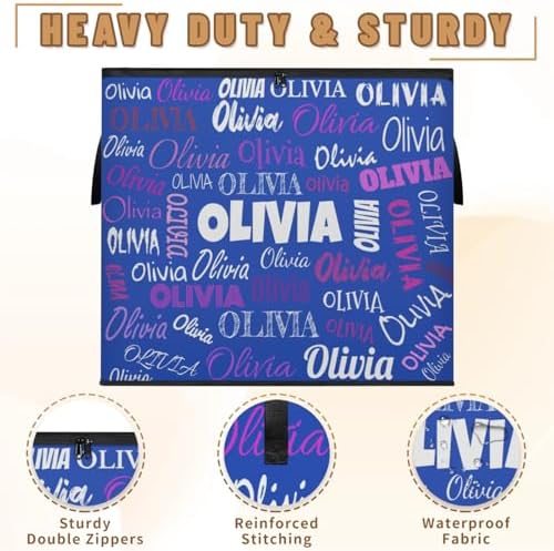 Personalized Name Foldable Storage Basket Cubes with Lid, Laundry Hamper Dirty Clothes Pet Toys Storage Bin with Handles for Shelf Home Closet Kitchen, Pink Purple Names Navy Blue Background