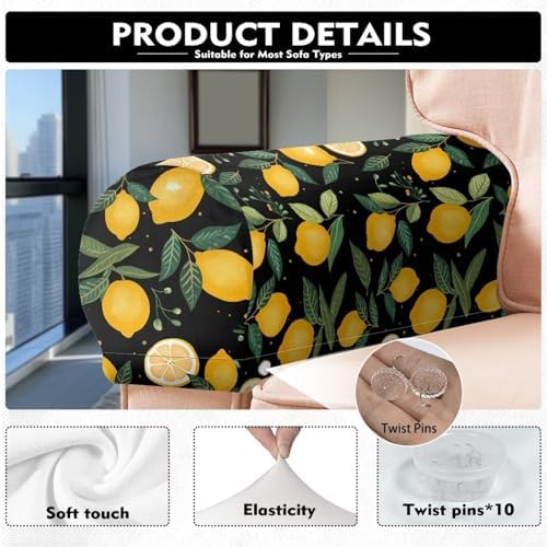 Lemon Couch Arm Covers for Sofa Soft Stretch Armrest Covers Recliner Arm Covers Furniture Protector Armchair Slipcovers for Recliner, Set of 2