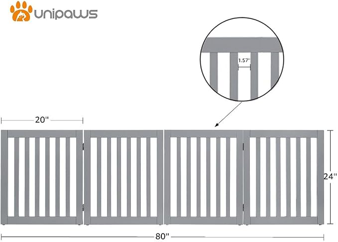 unipaws 24”H Free Standing Pet Gate for Dog Cat, 80”Wide Wooden Dog Gates | Foldable Pet Fence for Doorway, Stairs, Step, Expandable Doggy Barrier, Indoor Use