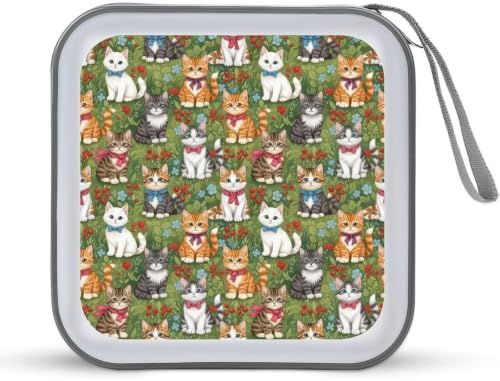 CD Cases 40 Capacity Flower Garden Cats Hard Shell Case DVD Holder Wallet | Disc Organizer Storage Binder, Kittens Flower Garden Cats Portable Zipper and Strap, for Home Car Travel