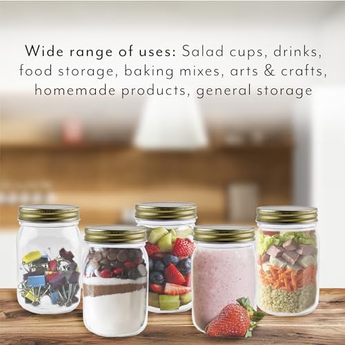 Cornucopia Brands 16oz Clear Plastic Mason Jars (8-Pack, Gold Metal Lids); PET BPA-Free Mason Style w/One Piece Lids, 2-Cup/Pint Capacity