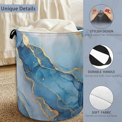 Blue Gold Marble Laundry Basket,Foldable with Handles Tote Bag Oxford Cloth for Bathroom Bedroom Dirty Clothes Storage Bucket 16" x 20.8"
