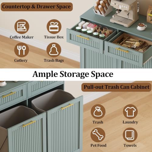 2 X 13 Gallons Pull Out Trash Can Cabinet, Double Trash Cabinet, Green | Fluted Kitchen Trash Cabinet with Drawers, Freestanding Hidden Garbage Pet Proof Trash Can Holder for Laundry, Living Room