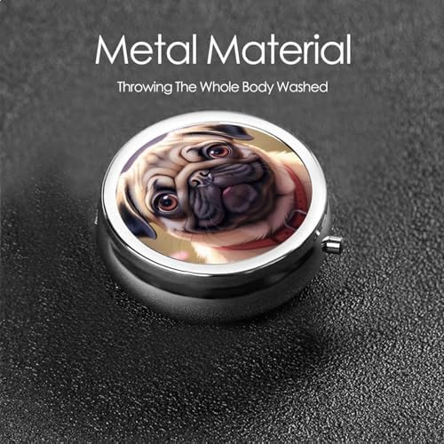 ZhongGuo Cute Pet Pug Printed Pill Organizer,Round Travel Pill Organizer Mini Medicine Pill Box for Purse Iron Plating