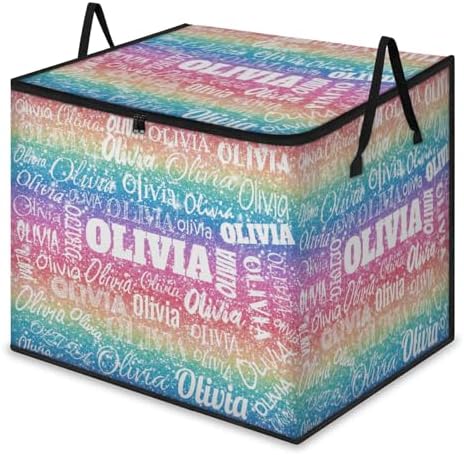 Personalized Name Large Storage Basket with Lid, Bling Bling Colorful Glittering Canvas Storage Bins Quilt Clothes Organizer for Bedroom, Kitchen, Bathroom, Nursery, Shelves, Closets