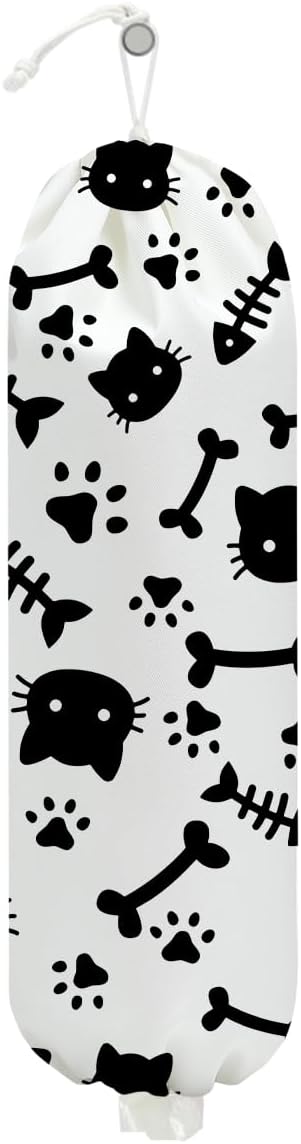 Cute Cat Plastic Bag Holder, Wall Mount Grocery Bag Holder for Plastic Bags, Fish Bone Reusable Grocery Bags Storage Dispenser for Home Kitchen Pantry, Cat Lover Gifts for Women Mom, 22.5x9 Inch