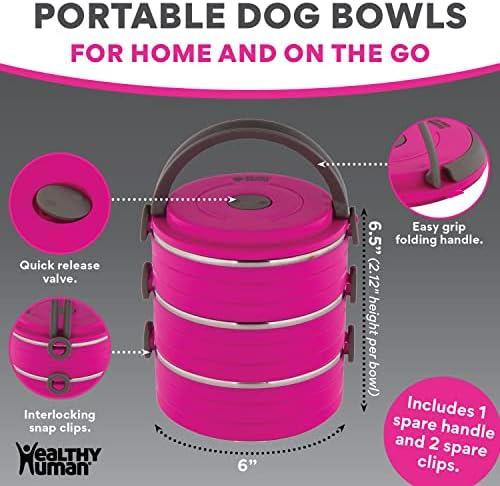 Healthy Human Travel Pet Bento Bowls - Leak Proof, Human-Grade Stainless Steel & BPA-Free, 3-Pack Water & Food Container Set, Clips & Handle (Pink)