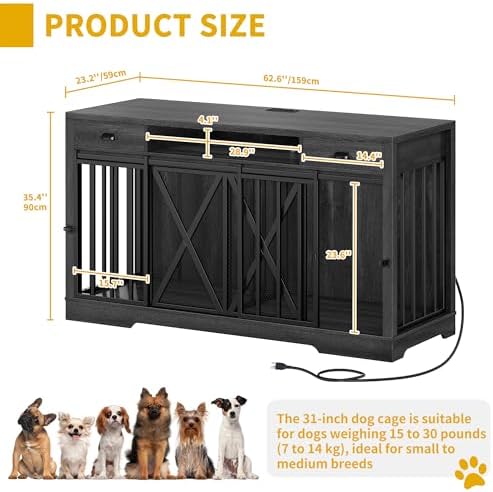 DWVO 63 Inch Double Dog Crate Furniture for 2 Dogs with Charging Station