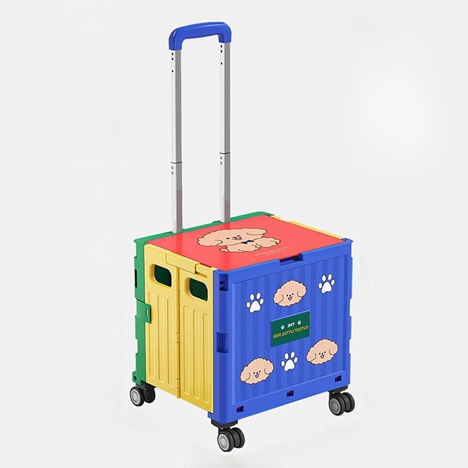 Collapsible Shopping Box Trolley on Wheels with Lid,75L Large Capacity Folding Portable Rolling Crate Handcart with Telescopic Handle for Camping (Kind Shake Fleece,Medium Four Wheel)