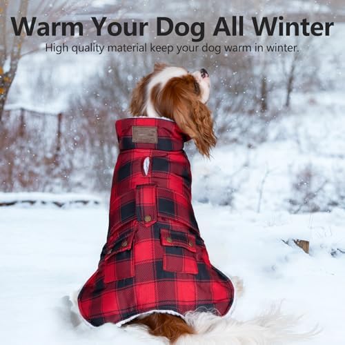 KYEESE Dog Coat Thick Pets Clothes with Pocket Windproof Dog Coats for Small Dogs Waterproof Dogs Jacket with Fleece Lined Warm Pet Winter Puffer Coat with Leash Hole Soft Pet Sweater for Cold Weather