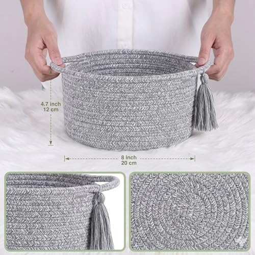 Small Gift Basket Empty to Fill, Gift Bag & Ribbon, Light Grey | Cute Decorative Mini Woven Rope Basket with Handles for Gifting; Reusable for Bathroom Counter or Desk Catchall, 8 x 4.7 in