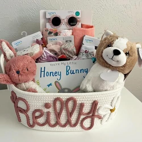 Personalized Baby Name Basket Custom Easter Cotton Rope Diaper Caddy & Nursery Storage Organizer Bin for Baby Birthday Shower Gift, Newborn Essentials, Kids' Bedroom Bathroom Decor (Style F)