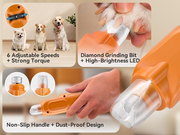 PAPIFEED 6 Speed Pet Nail Grinder with Dual LED Lights, Rechargeable Dog Nail Trimmer with Dust Proof Cover, Type-C Charging Powerful Torque Pet Nail Clipper for Small Medium Large Dogs Cats?Orange?