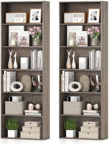 GIANTEX 6-Tier Bookcase Set of 2, 70" Tall Wooden Bookshelf, Freestanding Storage Organizer w/Open Shelves, Anti-Tipping Kits, Modern Floor Standing Display Shelves for Living Room,Grey