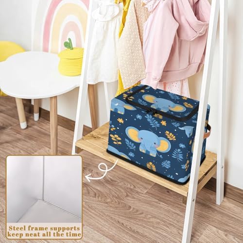 Blue Elephant Storage Bins with Zipper Lid Foldable Fabric Organizer Box with Handles Rectangular Closet Clothes Organizer Containers