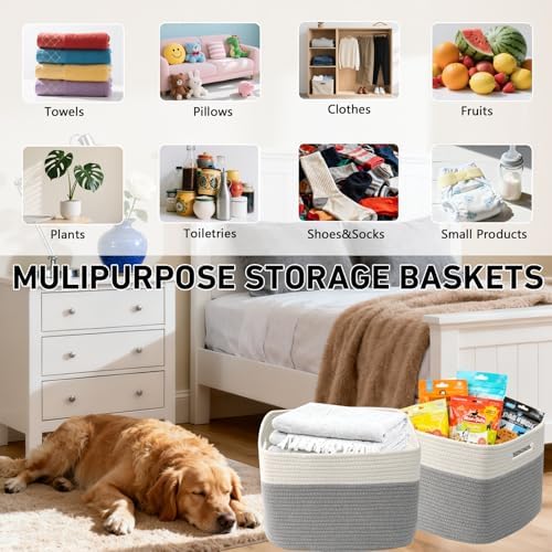 3 Pack Woven Baskets,Storage Baskets for Shelves with Handles | 13.5"×11"×9.5", Closet Baskets, Nursery Organizer for Toys Towels Books, Storage Bin for Living Room Bedroom (White & Grey)